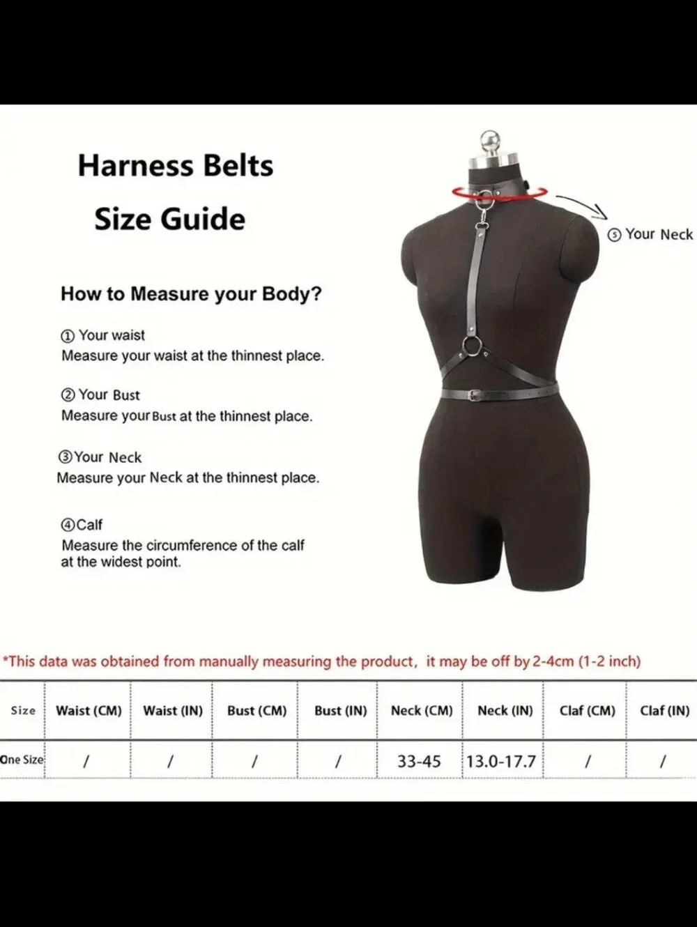 BDSM Bondage Body Harness Collar - Waist Black PU Leather W/Large Silver O-rings
